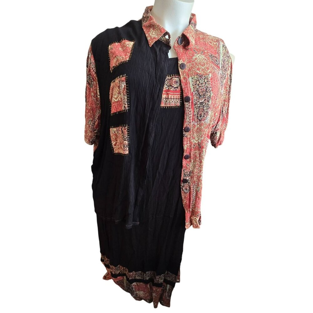 Womens Black Sleeveless Crinkle Dress Embroidered & Matching Shirt JJ4087